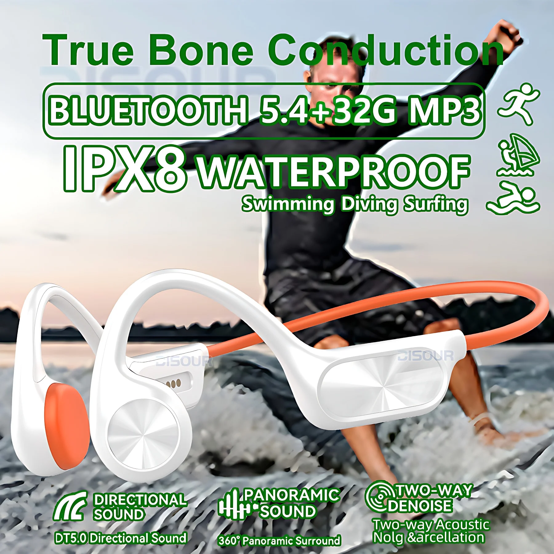 Bluetooth 5.4 Bone Conduction Headphones hifi Bass Wireless Headset 32G MP3 Player IPX8 Waterproof Earhook Swim Sports Eearphone