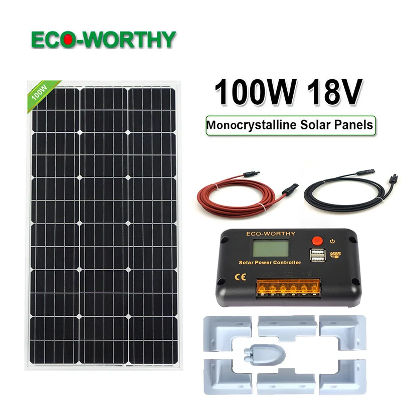 Omni-in-Panneau solaire 100W 18V et kit de contrôleur PWM 20 A, adapté à l'alimentation de secours de montres, camping-car, scooter électrique, etc.