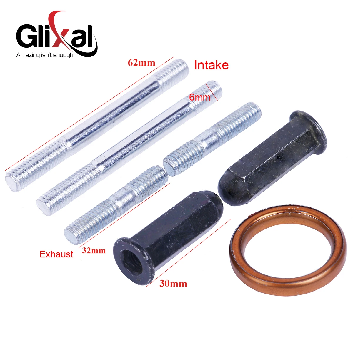 Glixal GY6 50cc 150cc Intake & Exhaust Studs Nuts Set with Exhaust Gasket for Chinese Scooter Moped 139QMB 157QMJ Engine