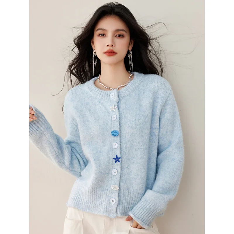 

Вязаный кардиган с круглым вырезом, женский осенне-зимний новый корейский стиль, повседневный вязаный свитер, модные женские топы с длинными рукавами
