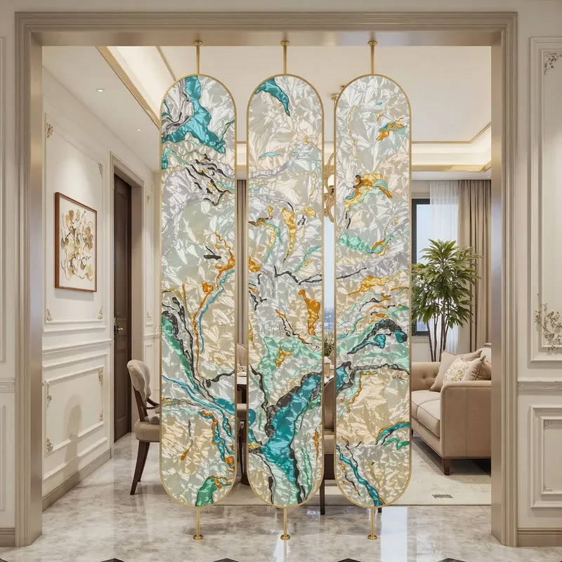 Modern Handmade Art Glass Filigree Enamel Rotating Screen Stainless Steel Tempered Light Transmission Entrance Partition