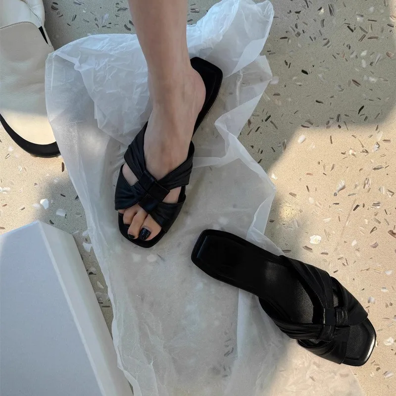 

Women's Flat Slide Sandals 2026 New Slippers Square Toe Soft Leather Slippers Shoes Women Summer Casual Outdoor Lady Slippers