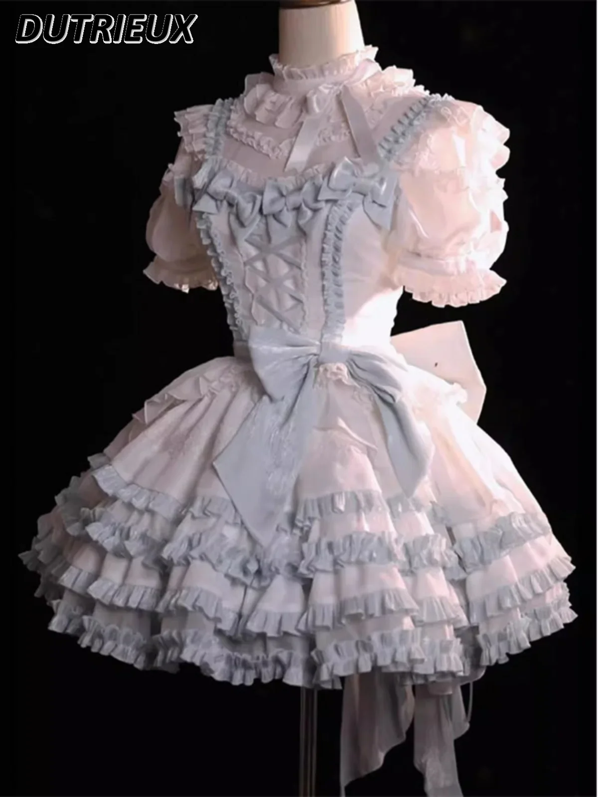 

Blue White Sweet Lolita Dress Women's Summer New Puff Short Sleeve Shirt Top Cute Lace Bow Umbrella Princess Dress 2-Piece Set