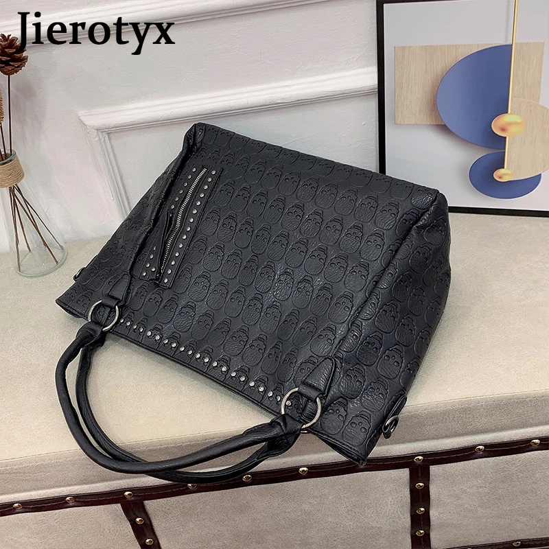 JIEROTYX Leather Handbags Bg Women Bags High Quality Trunk Tote Spanish Brand Shoulder Bag Femals Gothic Dark Skull Large