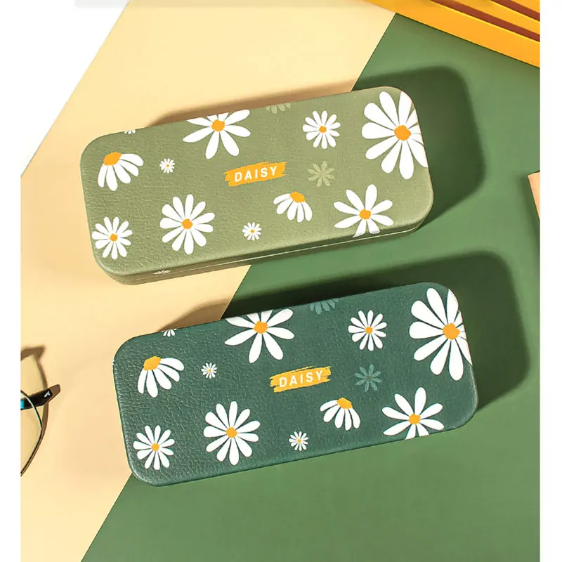 Mimiyou Daisy Pattern PU Spectacle Cases for Eyeglasses Fashion Folding Sunglasses Box Bag Portable Triangle Eyewear Protector