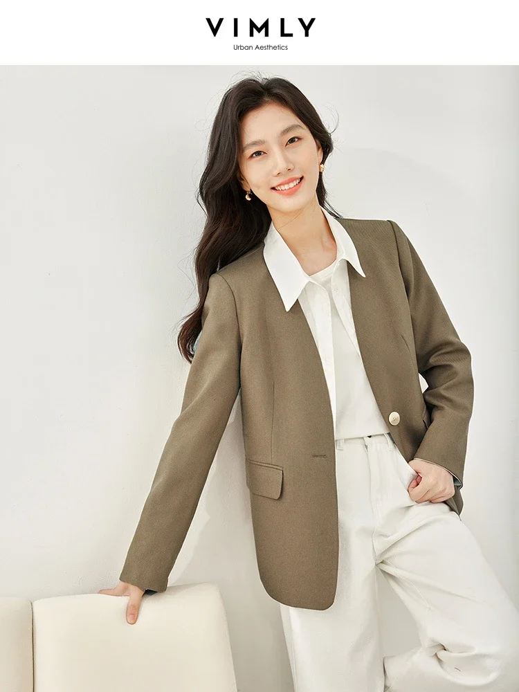 Vimly Women\'s Khaki V-neck Tailoring Blazer Autumn Long Sleeve Elegant Women Straight Jacket 2023 Casual New in Outerwears M3561