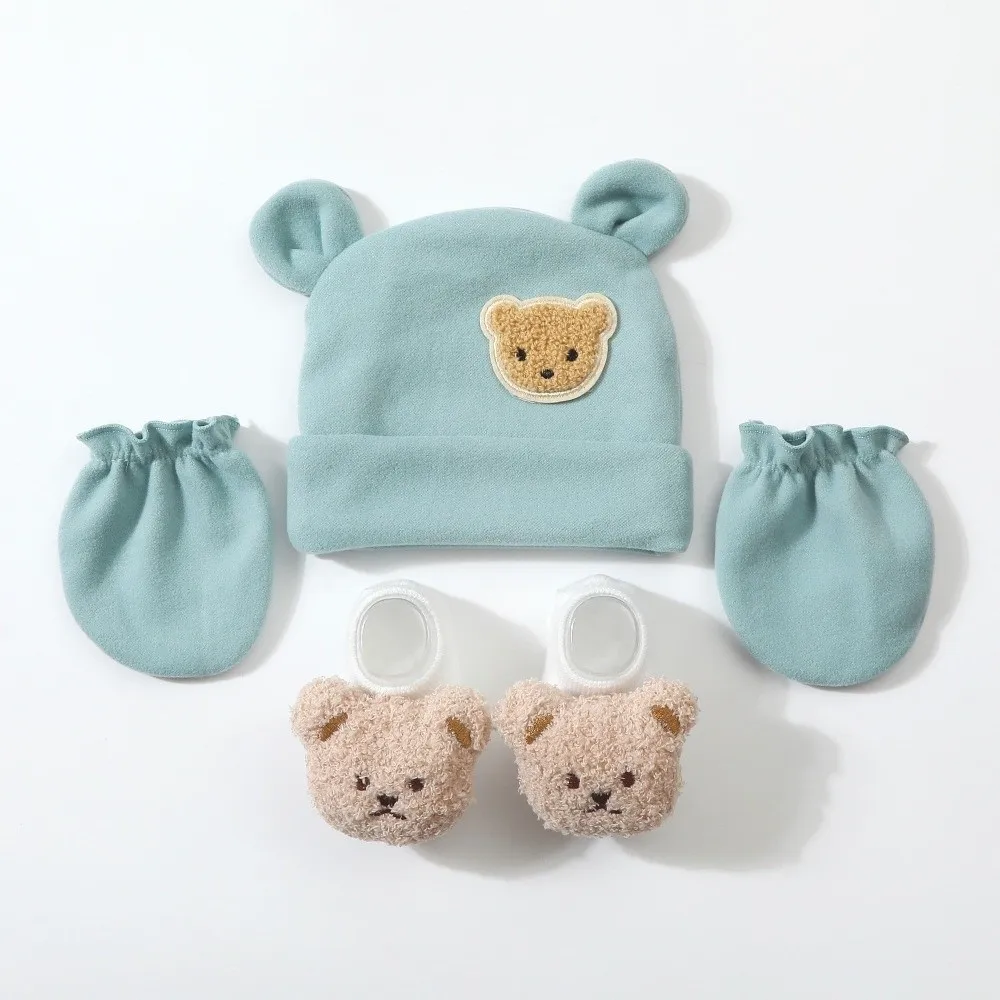 Fashion Warm Baby Hat Gloves Socks Set Breathable Cartoon Newborn Hat Elastic Face Protection Infant Mittens Hospital view 2