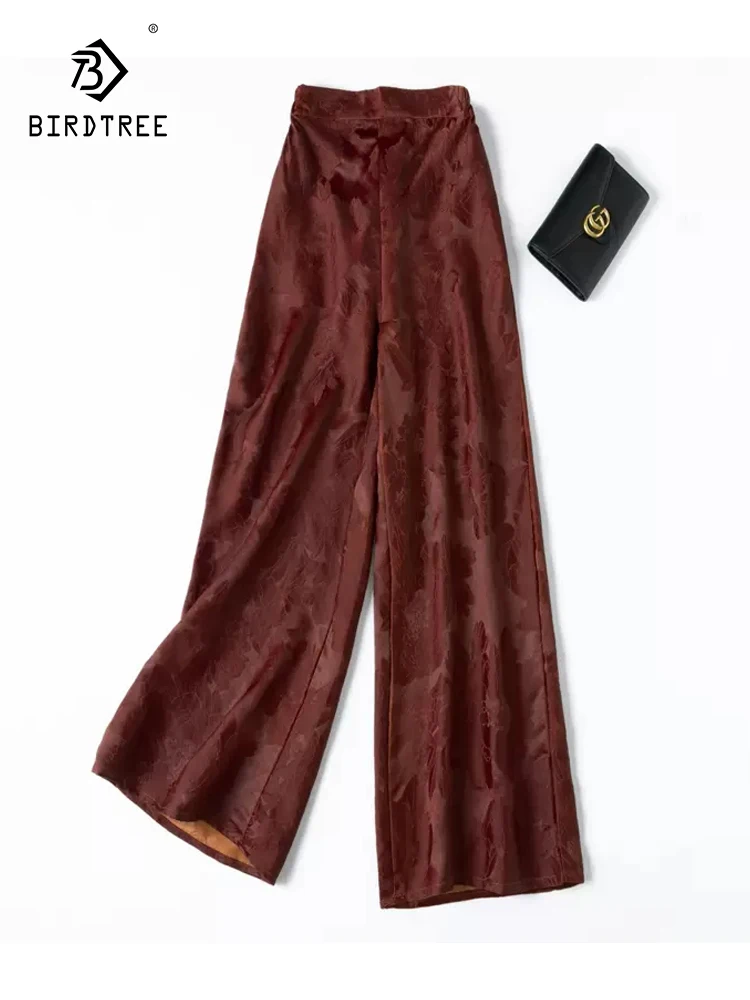 

Birdtree, 40MM 100%Real Silk Watered Gauze Casual Pants, Women Elastic Waisted Jacquard, Retro Trouser, 2024 Summer B46008QC