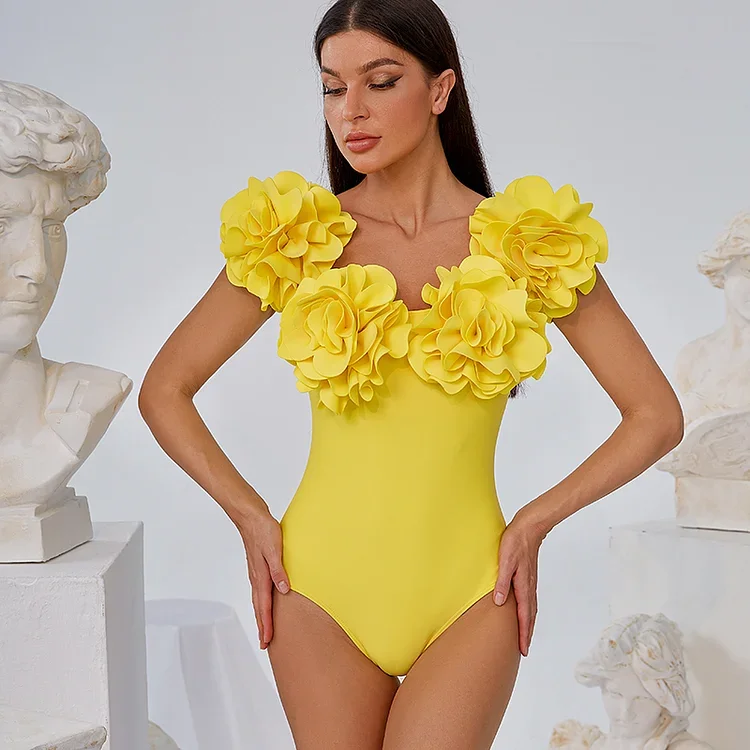 2024 Vintage 3D Flower Decor Yellow One Piece Swimsuit and Skirt  Swimwear Set Women Beachwear  Clearance Wholesale