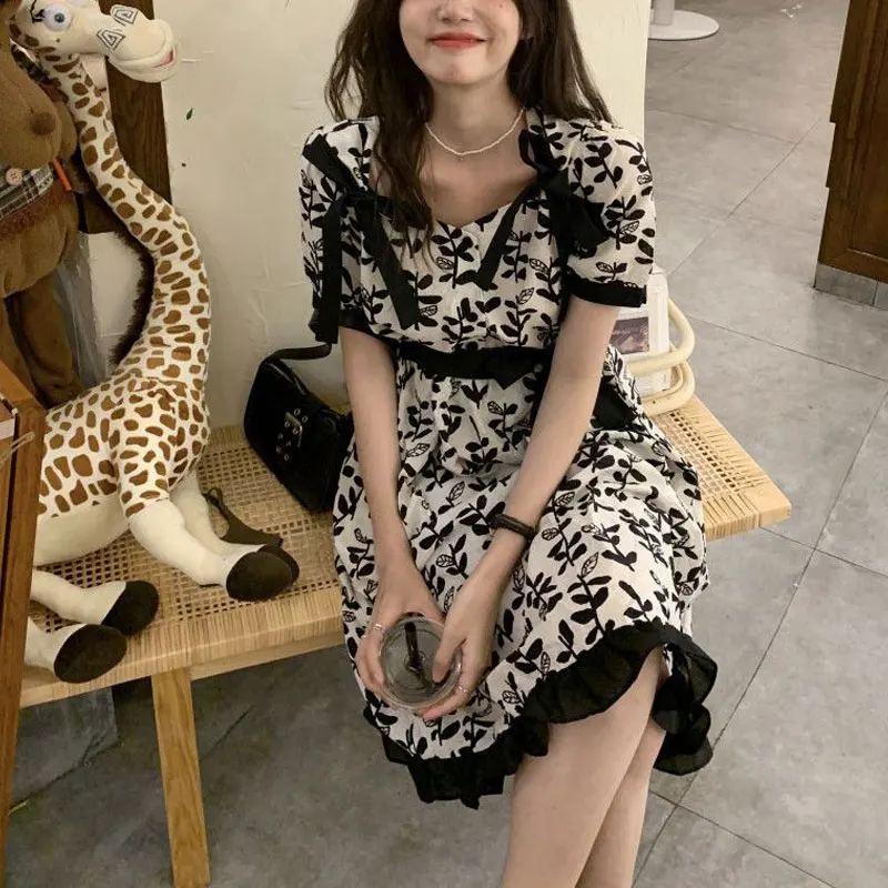 Fashion Sweet Bandage Bow Dresses Folds Female Clothing Vintage Broken Flowers Summer Square Collar A-Line Spliced Midi Dress