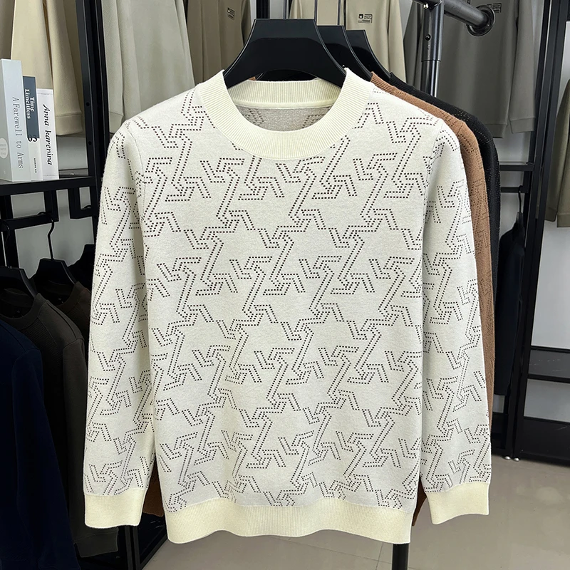 Men's Luxury Knitted Sweater Round Neck Long Sleeve Geometric Pattern Anti Pilling Pullover Autumn Winter Fashion Casual Men's