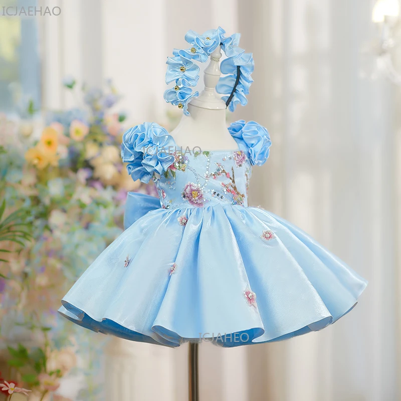 New Blue Children's Flying Sleeve Fluffy Princess Birthday Dress Girls Formal Party Celebration  Flower Girl Wedding Dresses