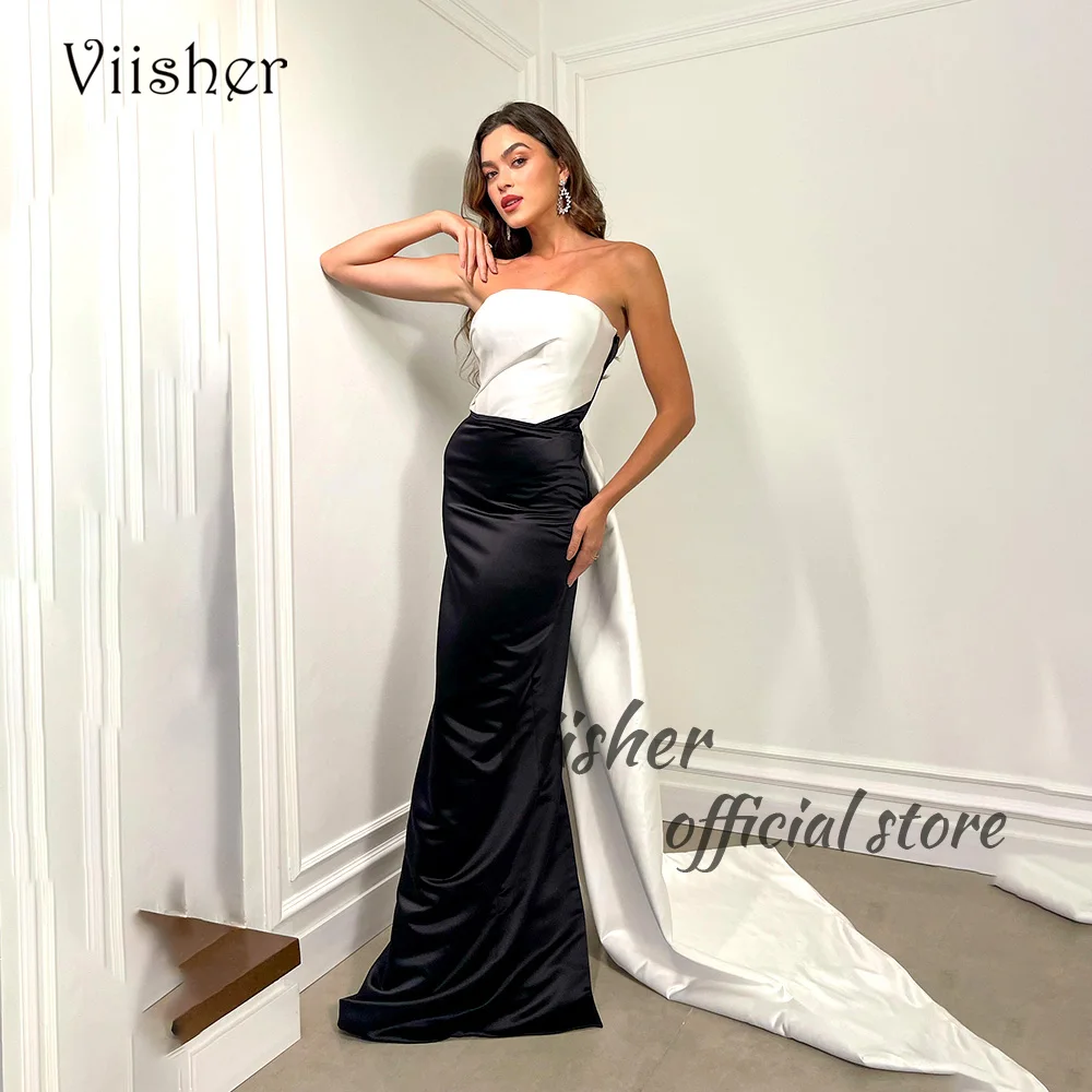 

Viisher Black White Mermaid Evening Dresses Strapless Patchwork Satin Tight Long Formal Prom Dress with Train