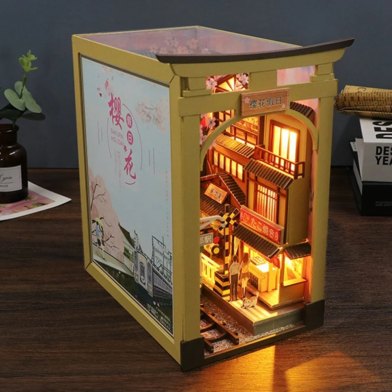 HOT-Book Nooks Series Stories In Books DIY Wooden Miniature House Furniture Sakura-Holiday Doll House