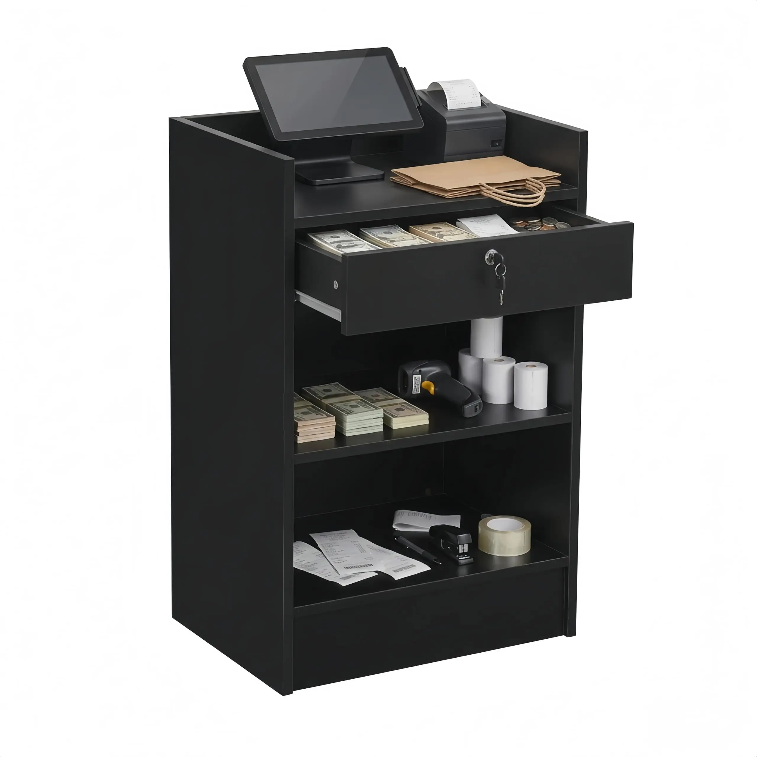 24”W * 18”D * 38”H - Black Cash Register Stand, Restaurant Cash Register, Reception Desk Stand with Drawer and