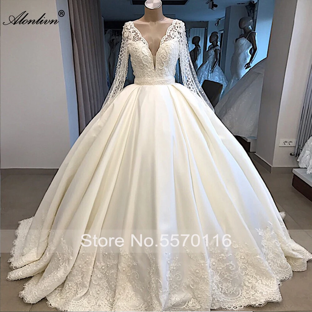 Alonlivn Real Pictures Deep Neck Beading Pearls A-Line Wedding Dress Appliques Satin Bridal Gowns