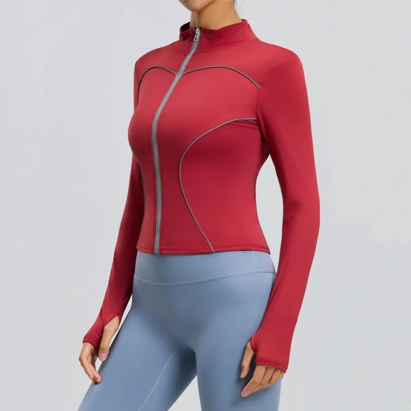 Reflective Strip Design Sports Tight Jacket Outdoor Casual Running Jacket Stand Collar Windproof Yoga Jacket Female Finger Cuff