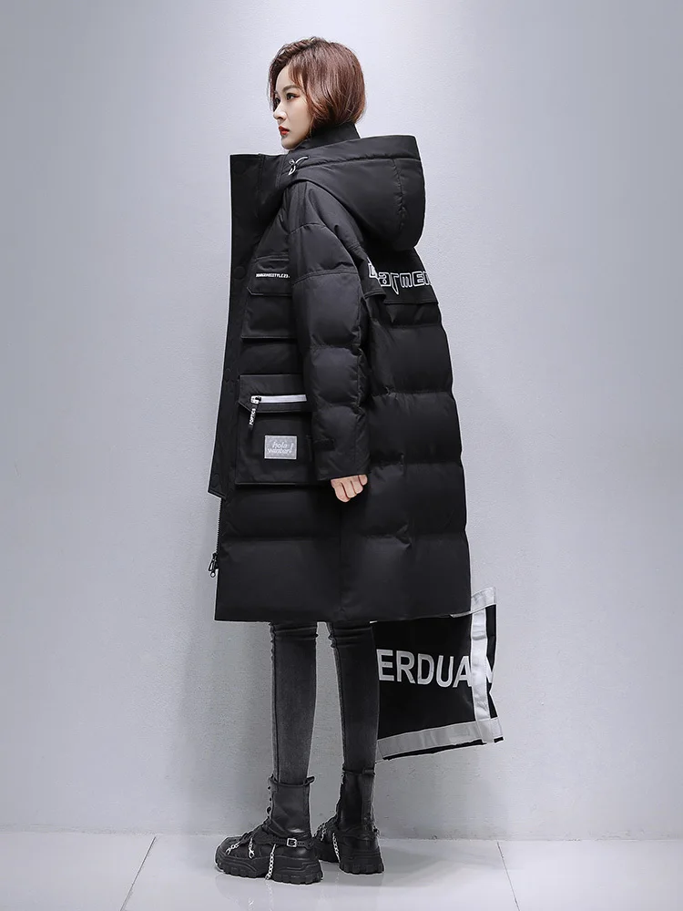 Long Down Jacket Women Thicken Winter Fashion Patchwork Color Contrast Hooded 90% White Duck Down Coat Female Parka Warm