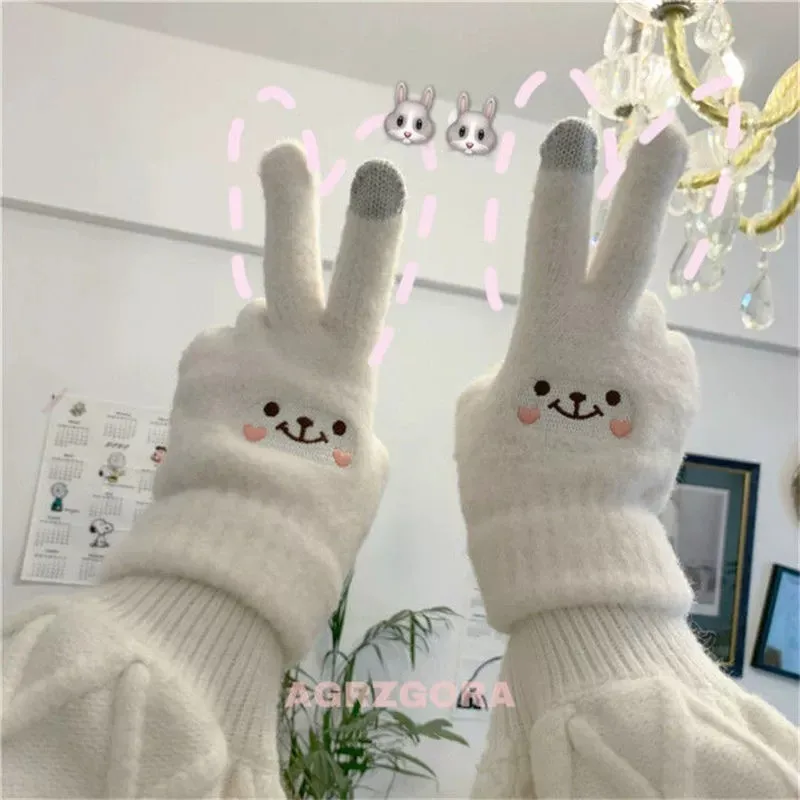 Women's Gloves Autumn Winter Cute Smile Gloves Five Fingers Solid Color Resistant Touch Screen Cotton Gloves Fashion Comfortable