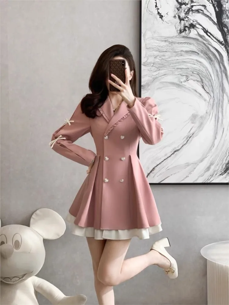 French Elegant Chic Suit Dress Women Autumn Winter New Fashion V Neck Double Breasted Mini Dresses Female Office Short Vestidos