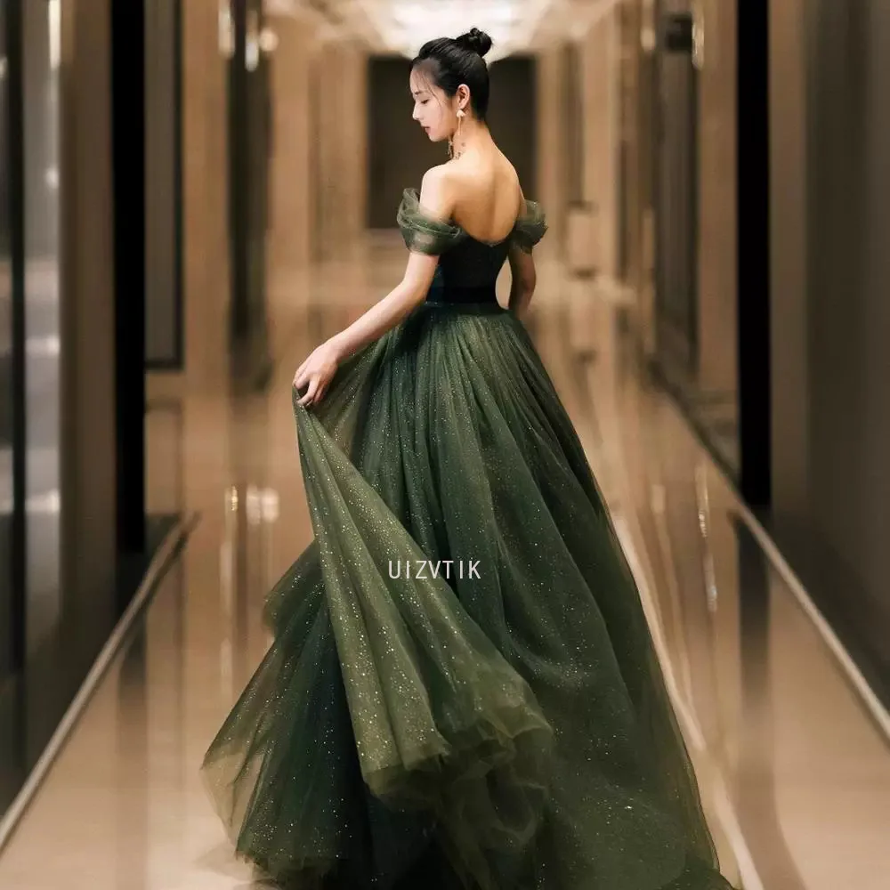 Dark Green Shiny Formal Dresses V Neck Off The Shoulder Party Dress For Wedding A Line Special Occasion Dresses robe soirée