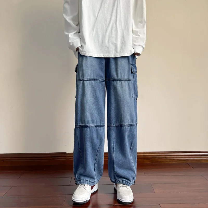 Wide leg denim pants men's spring and autumn trendy brand Hong Kong style retro loose casual large pocket workwear