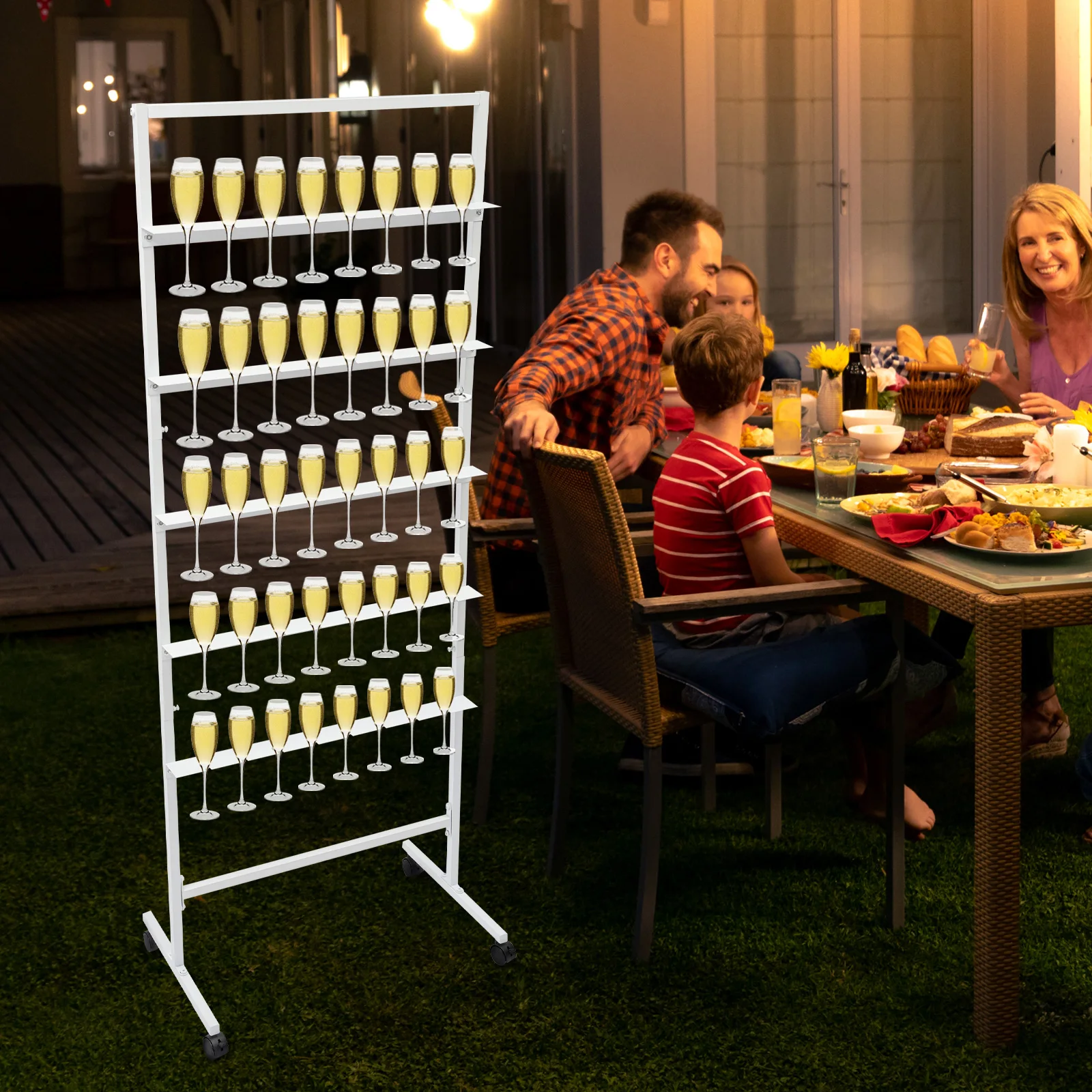 

5-Tier Rotating Champagne Glass Rack with Wheels, Sturdy White Steel Wine Glass Holder Stand Organizer for Kitchen, Dining Room