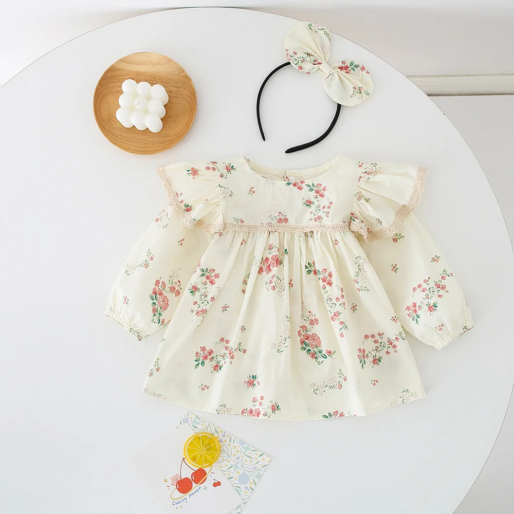 Spring 2024 ins baby girl rompers lace flower printed loose infant girls jumpsuit ruched long flying sleeve toddler girls dress