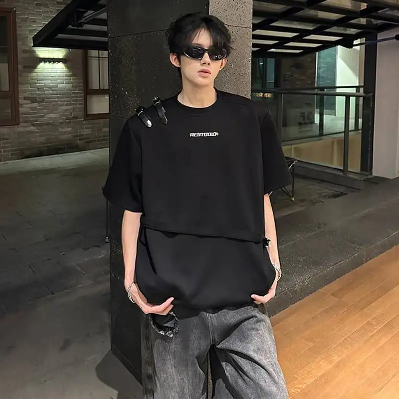 LUZHEN 2026 Summer Original Letter Belt Patchwork Decorate Short Sleeve T-shirts Men's Letter Logo Round Neck Casual Tops JY7777
