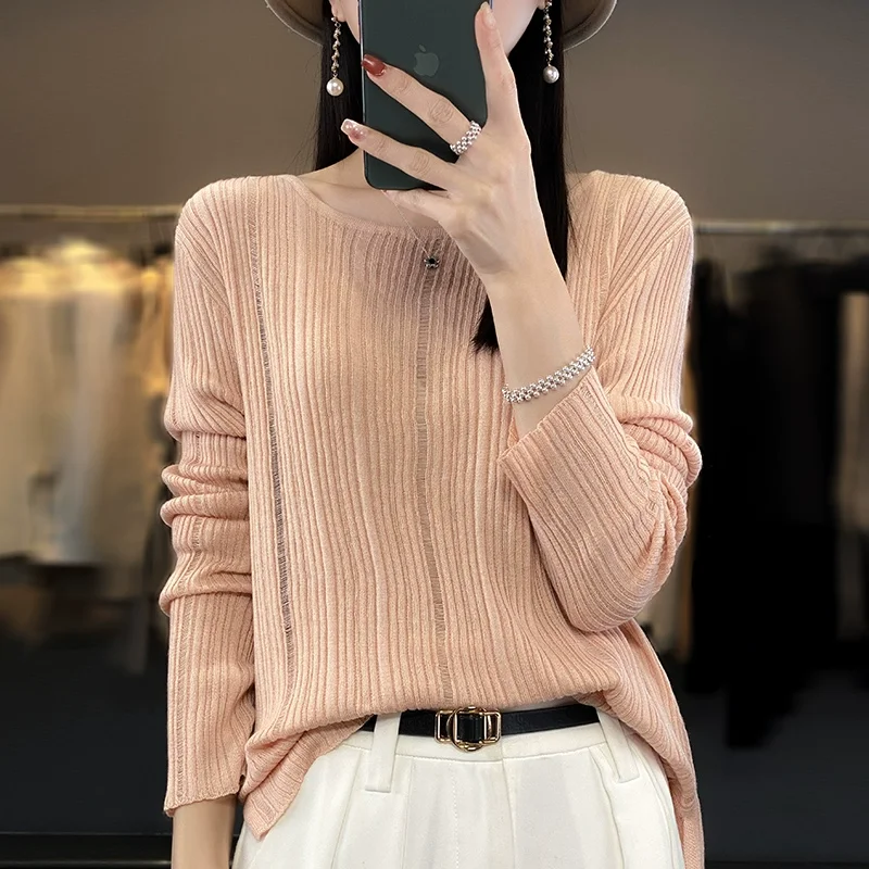 فضفاضة تناسب طويلة Sve جولة Ne محبوك قاعدة طبقة أعلى المرأة رقيقة لون نقي Faionable الحماية من الشمس التستر irt