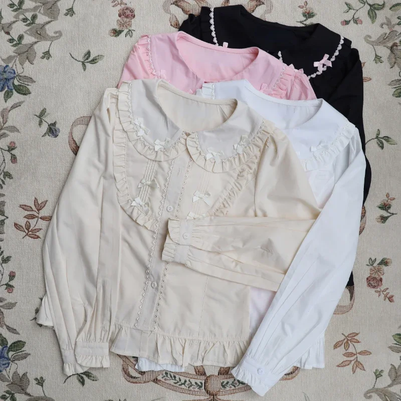 

Japanese Ruffled Lolita Kawaii Blouses Harajuku Peter Pan Collar Bow Blusas Y2k Aesthetic Vintage Lace Patchwork Sweet Blouses
