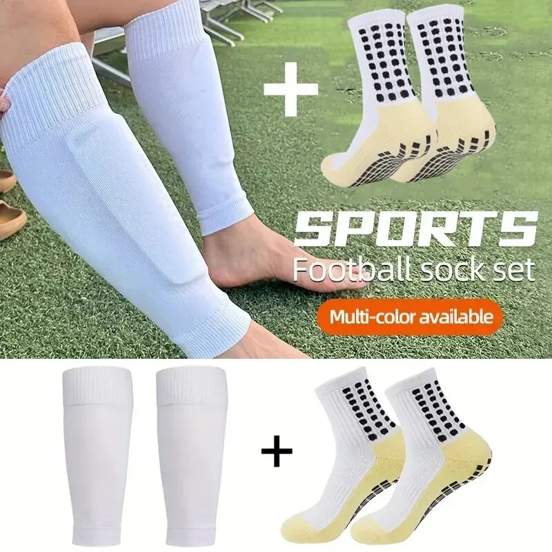 2 Pairs Set Men Grip Soccer Socks and Knee Pads Calf Sleeves Adult Youth Non Slip Leg Shin Guards for Basketball Football Sports