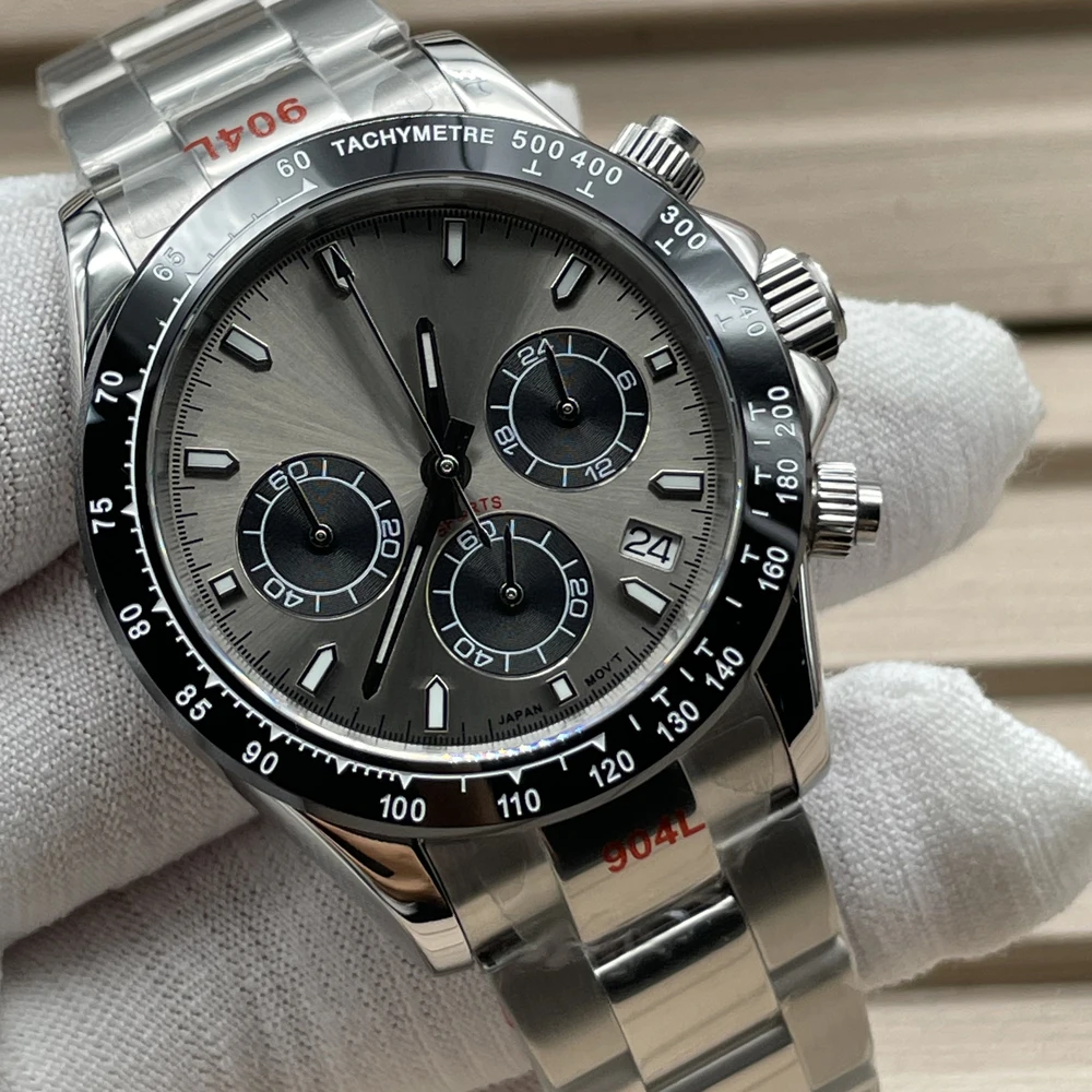 40mm Panda VK63 Movement Luxury Sapphire Mirror No Logo Fashion Waterproof Multifunction Three Eyes Chronograph Quartz Watch