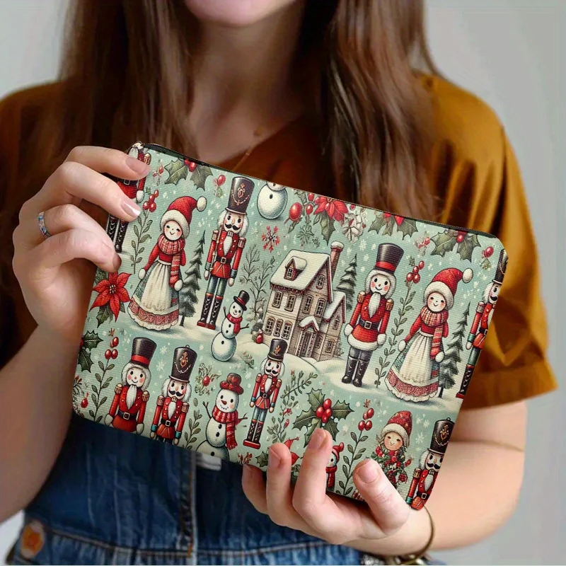 Vintage Christmas Nutcracker Snowman Print Makeup Bag Xmas Winter House Cosmetic Pouch Holiday Travel Zipper Pouch Gift Women
