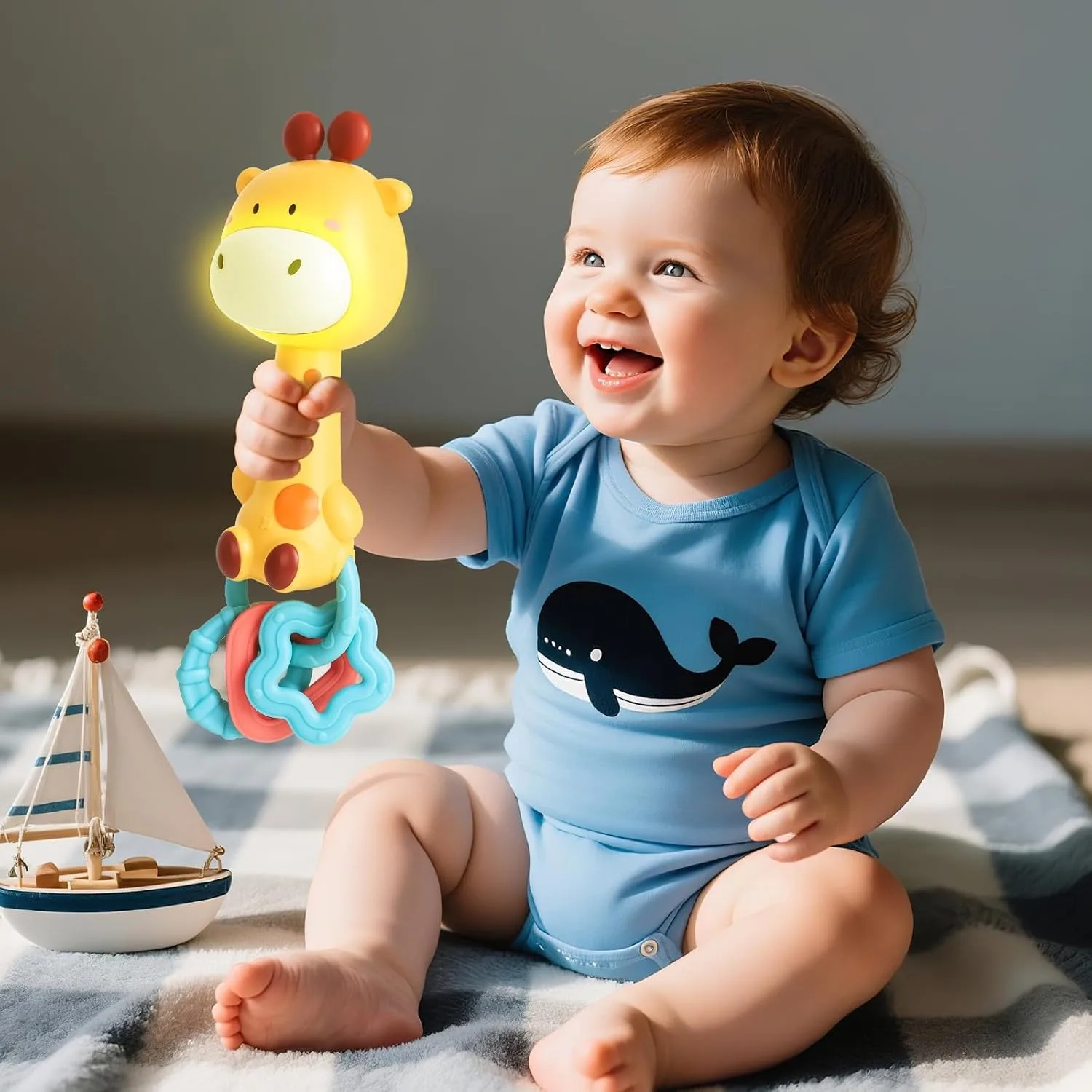 Jouets pour bébés pour tout-petits, hochet musical essentiel, anneau de dentition, girafe, à mâcher sensorielle, en caoutchouc, cadeau de 1er anniversaire, noël, Halloween