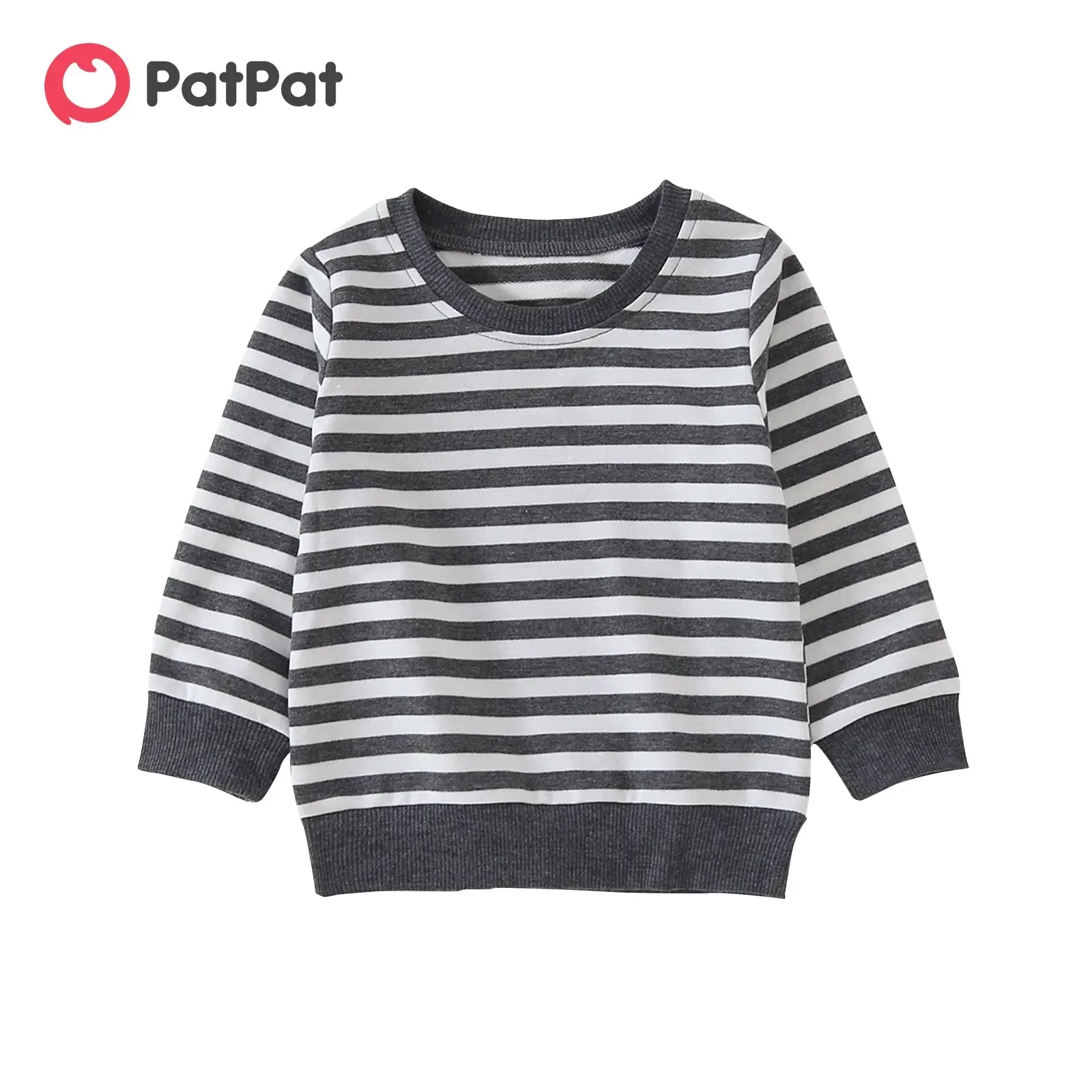 PatPat Baby Boy/Girl Solid/Striped Crewneck Long-sleeve Pullover Sweatshirt Soft and Comfortable  Perfect for Outings