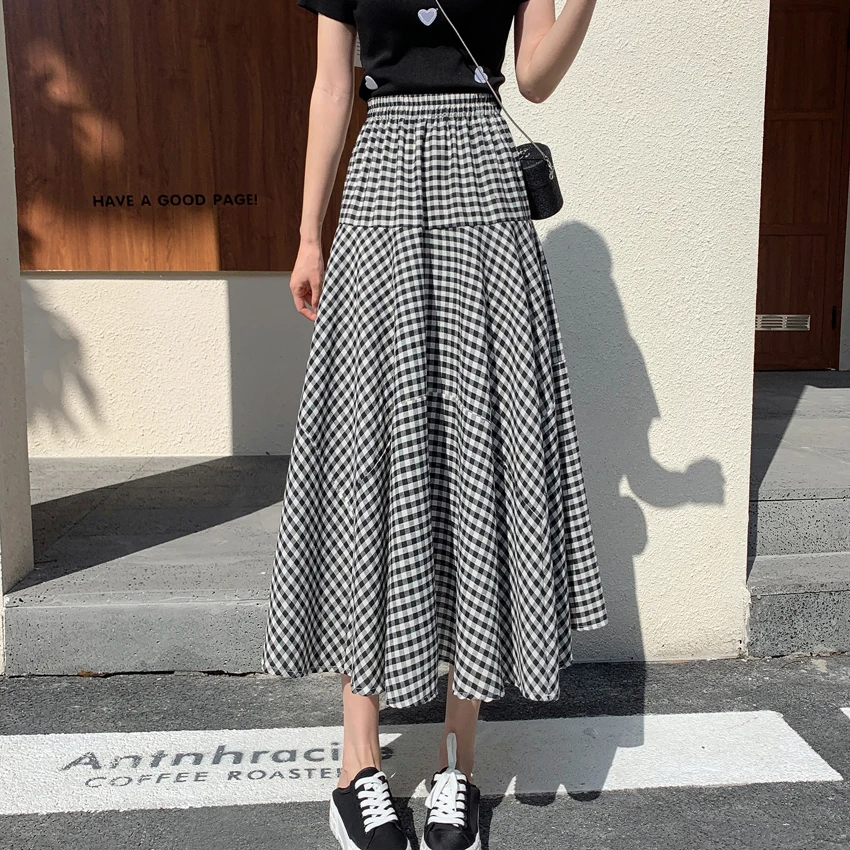 Girls Kawaii Gauze Splice Y2k Black Skirt Women Fashion Outerwear Pleated Skirt Female Ladies Casual Long Gothic Plaid Skirts