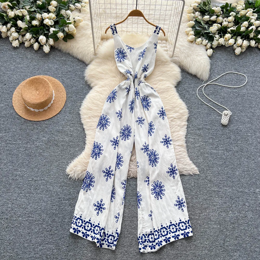 

Chic vintage sleeveless print Fairy loose Summer Beach Vacation Women Boho Sundress Jumpsuits pant