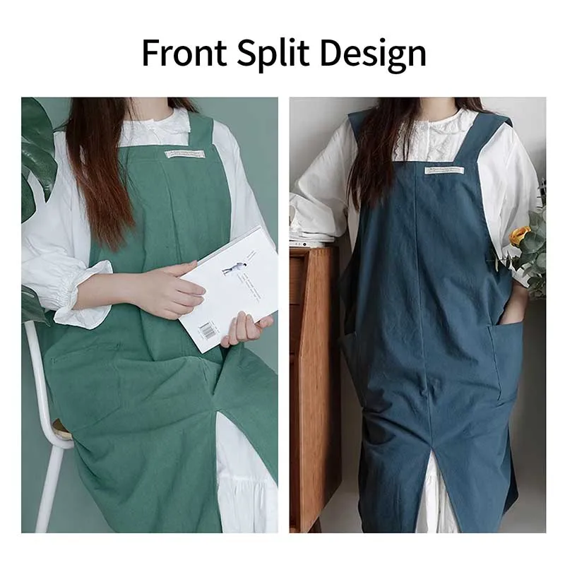 Split No-ties Cross Back Cotton Linen Kitchen Apron with Pockets for Women Men Washable Pinafore for Cooking Baking Cleaning