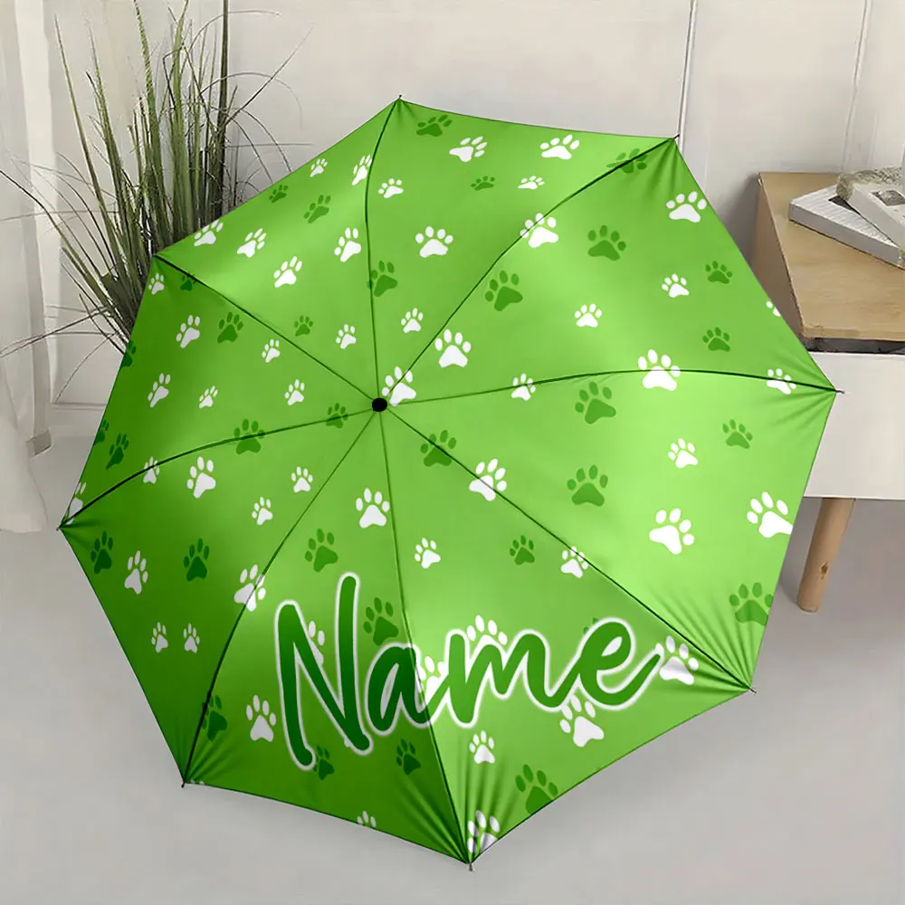Custom Name Green Umbrella with Cute Paw Print Design Name Text Print 8 Iron Ribs Folding Umbrella Auto-Open Fashion Sunshade