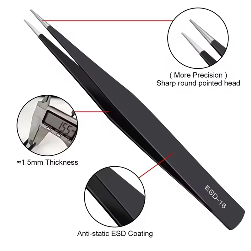 

A50U Anti-Static Stainless Steel Tools Precision ESD Tweezers Set For Electronics, Industrial Repair