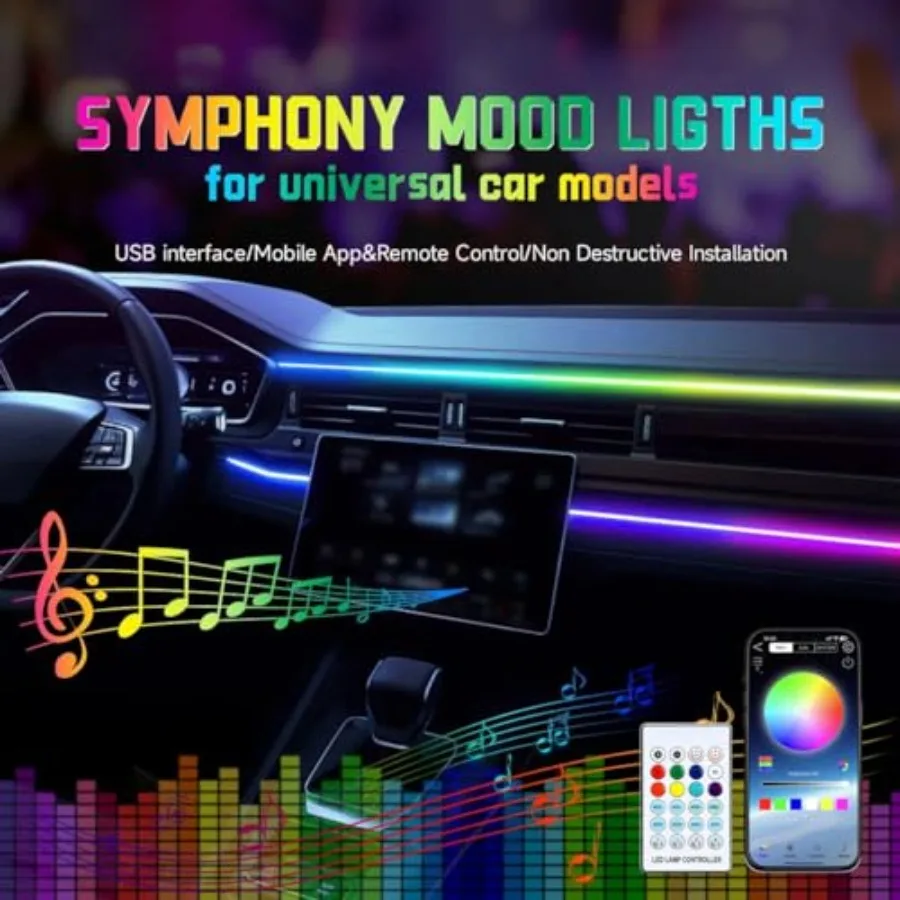 Interior Car Ambient Lighting Kit, 43.3 Inches RGB USB LED Ultrathin Acrylic Strip Lights Neon Accessories for Cars Truck SUV C