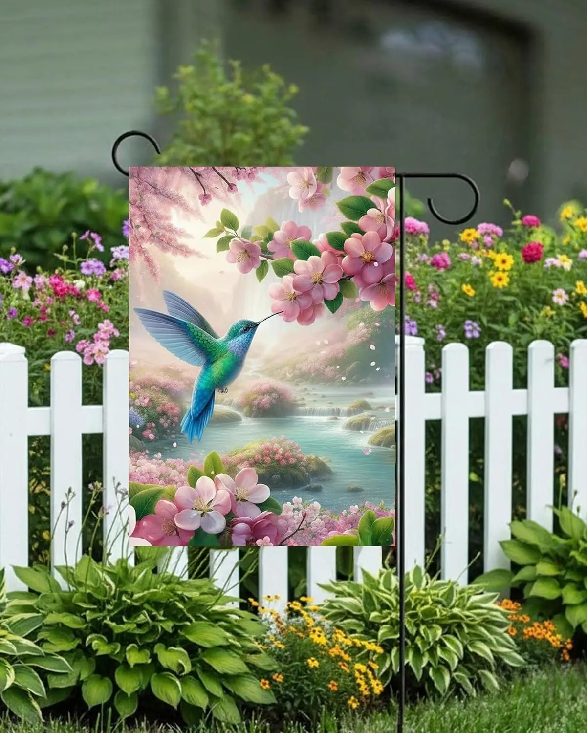 Hummingbird Waterfall Pink Cherry Blossoms Spring Landscape Garden Yard Flag 12