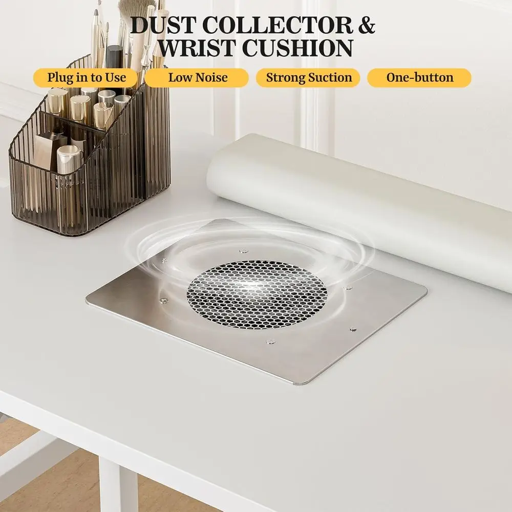 Tavolo manicure pieghevole bifacciale con raccoglitori di polveri, ripiani, cassetti e cuscino da polso (bianco)