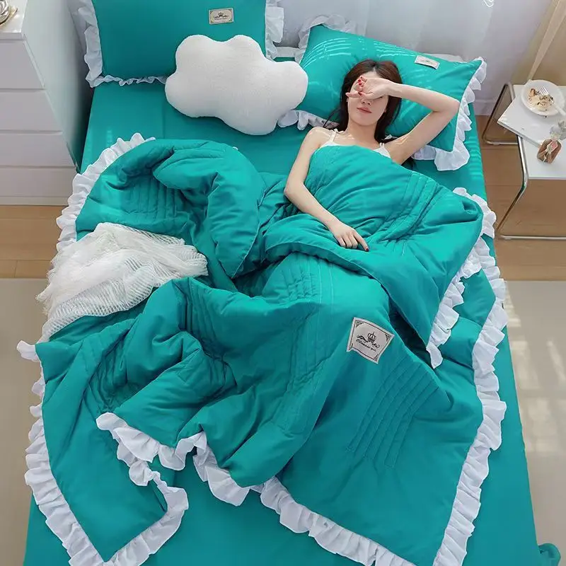 Summer Quilt 4-Piece Set, Lace-Trimmed Summer Quilt 3-Piece Set: Lightweight, Princess Style, Machine Washable Air Conditioner