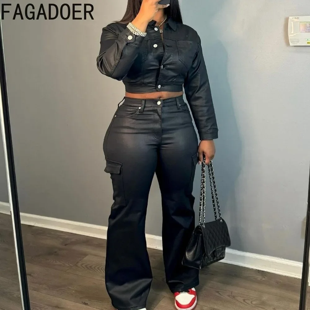 FAGADOER Y2K Punk Leather 2 Piece Sets Women Outfit Fashion Long Sleeve Buttons Crop Jacket And High Waisted Flare Pants Suit