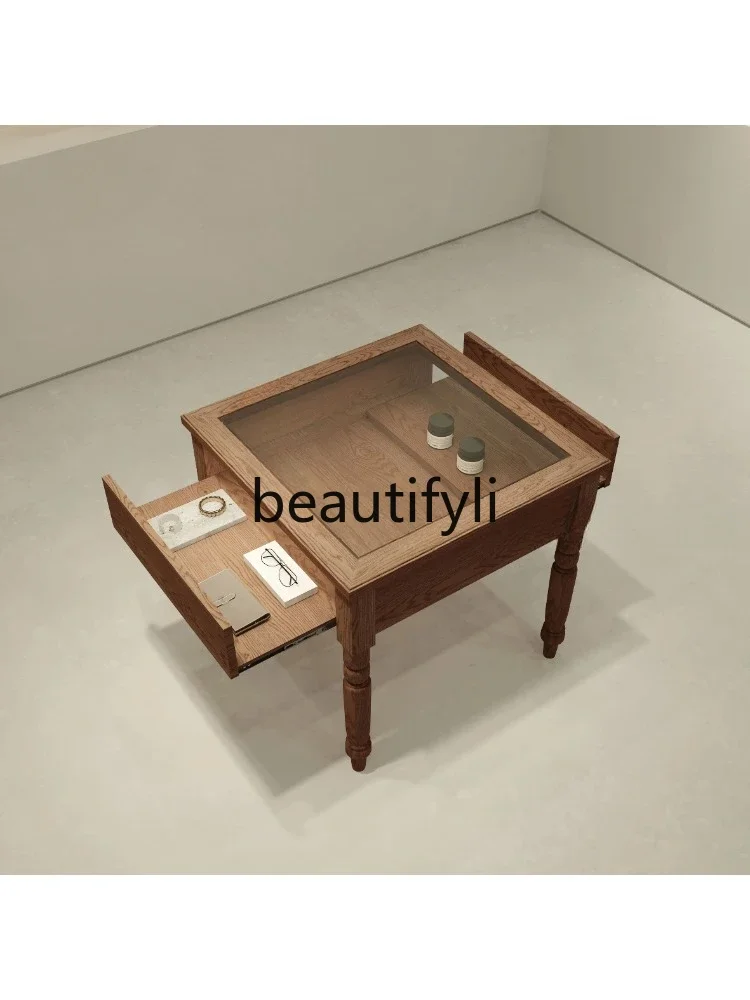 

ls 27Wood grain texture display four-legged middle island cabinet store display cabinet double-sided drawer glass cabinet