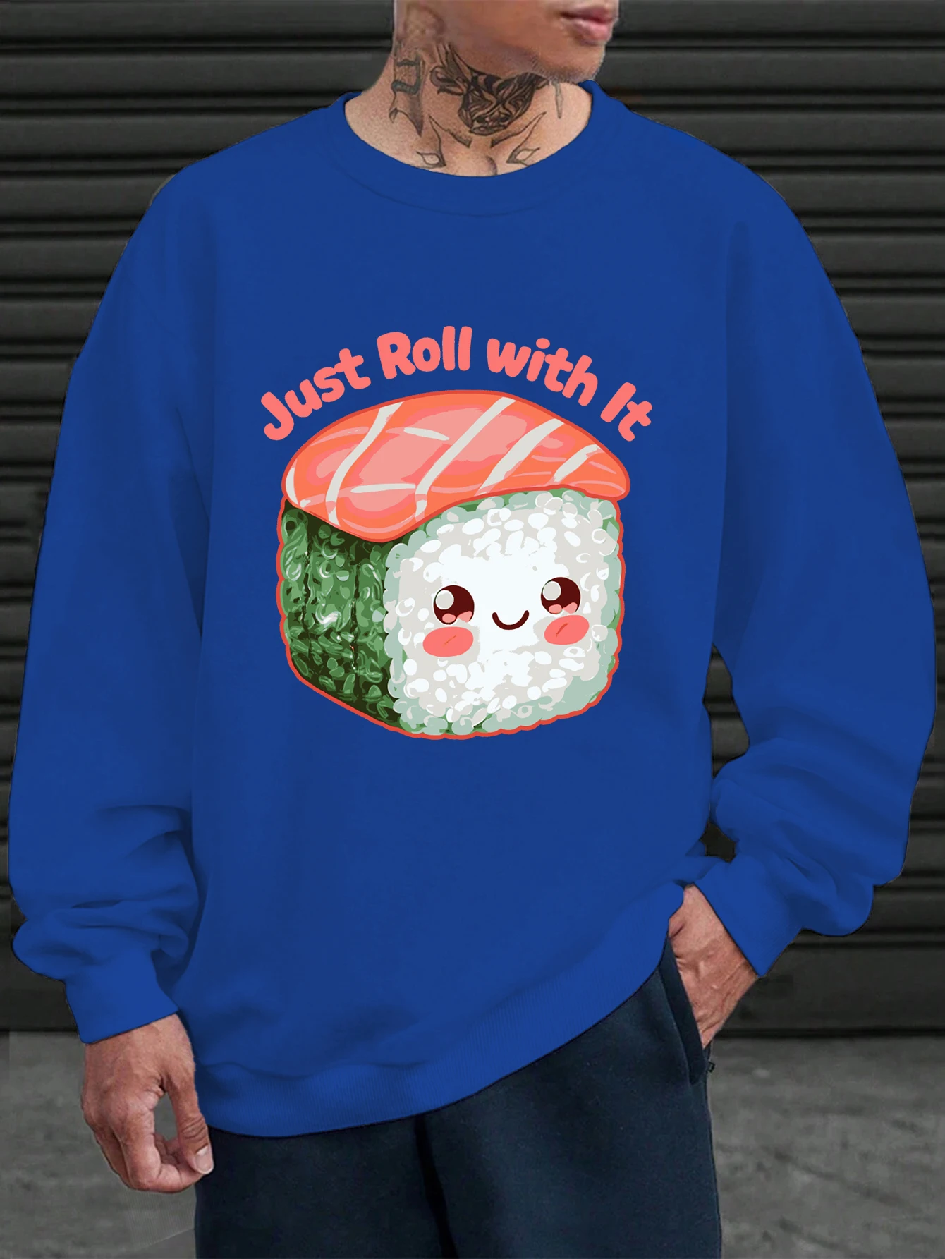 

Толстовка с принтом суши Just Roll With It, мужской уличный осенний пуловер унисекс, хипстерская свободная спортивная одежда, флисовая одежда с круглым вырезом