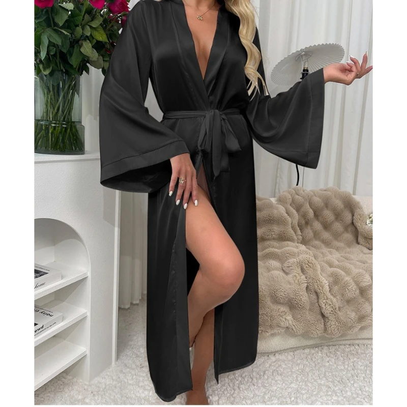 

Long Satin Bathrobes Nightgowns Long Sleeves Laces Sexy Pajamas Solid Lace-up Romantic Women's Nightwear Home Nighty for Woman