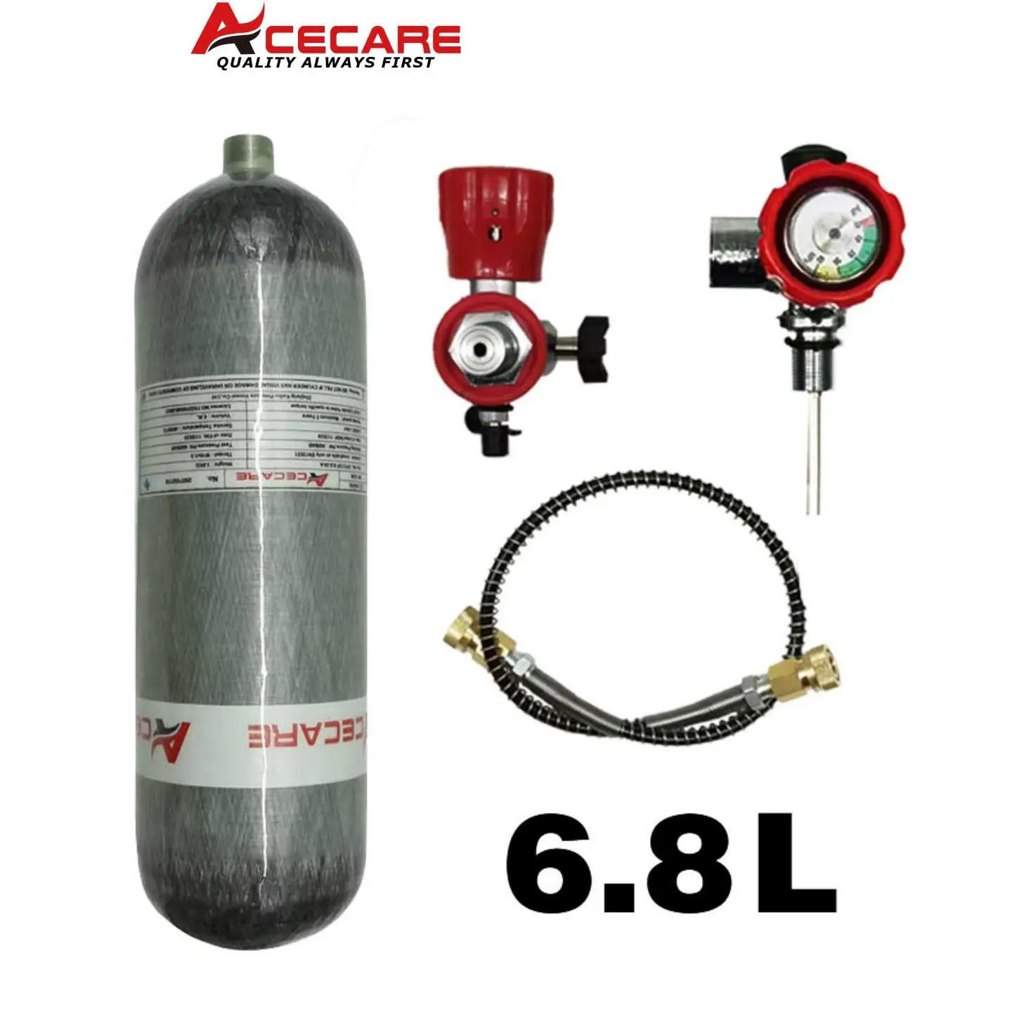 ACECARE 4500psi 300Bar 6.8L Carbon Fiber Cylinder High Pressure Filling Station Tank Regulator Gauge Scuba Diving Thread M18*1.5